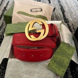 Gucci Red Embossed Belt with Gold Logo Buckle